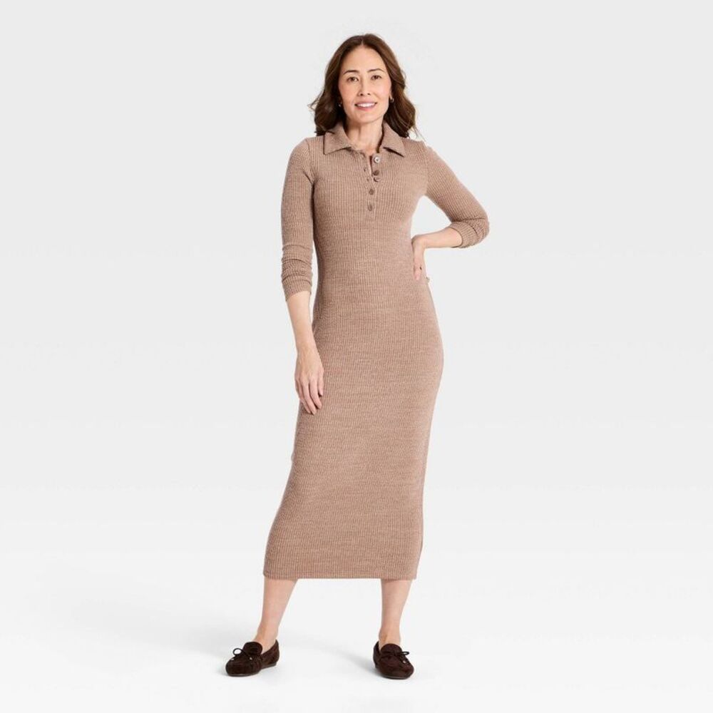 Women's Long Sleeve Midi Polo Dress - Universal Thread Brown XL